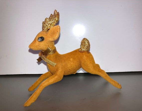 Mid Century Flocked Reindeer, 5" Brown Felt Deer with Glitter Trim, Prancing Reindeer Figure, Glittered Trimmed Deer, Free Standing Reindeer