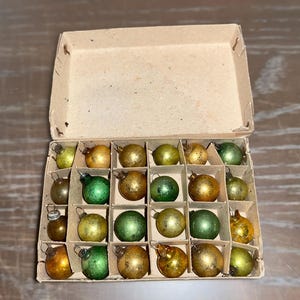 24 Mini Glass Ornaments, 24 Pieces 1/2&quot; Glass Ornament Balls, Japan Gold Glass Ornament balls 1/2&quot; Mercury Ball, Green Mini Ornaments, Box