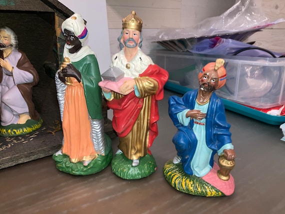 Vintage 12 Piece Nativity Set, Vintage Wooden Manger, Painted