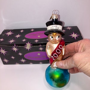 Radko Glass 2000 Ornament, Blown Glass Radko Millenium Kewpie Ornament, Radko 7&quot; Happy New Year 2000 Ornament, Christopher Radko in the Box