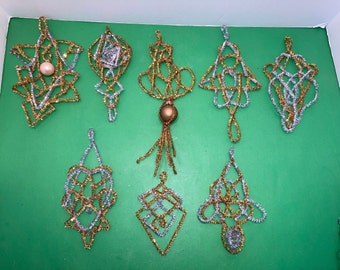 8 Vintage Silver Tinsel Snowflake Ornaments, Gold Tinsel Snowflake Ornaments, Handmade Silver Gold Tinsel Ornaments