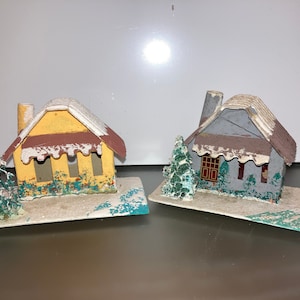 2 Vintage Putz Houses, Cardboard Mica Houses, Vintage Gray Putz House made in Japan, Yellow Putz Houses Corrugated Roof, Putz Loofah Tree