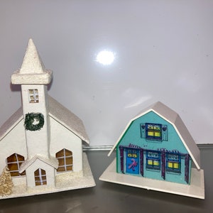 2 Vintage Putz Houses, Plastic Putz Church, Putz Church Light Cover, Green Mica House, Vintage Putz Light Covers,Printed Front Putz 4&quot; House