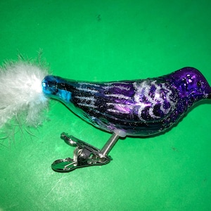 Vintage Glass Peacock Colored Clip On Bird Ornament, Blue Purple Metallic Glittered Glass Bird, Blue Purple White Feather Tail Clip On Bird