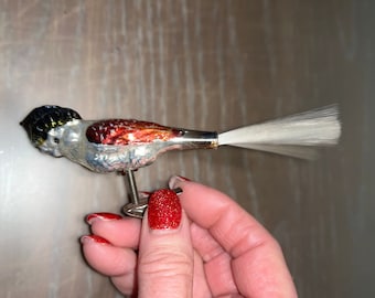 ビンテージクリップオンオウムオーナメント、吹きガラスオウム鳥
