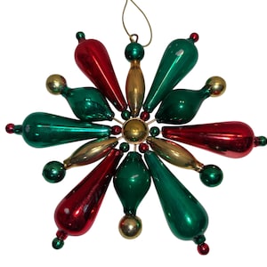 Vintage Red Green Gold Snowflake Ornament, 5 1/2" Beaded Snowflake Ornament, Glass Snowflake Ornament, Beaded Snowflake Ornament, Good