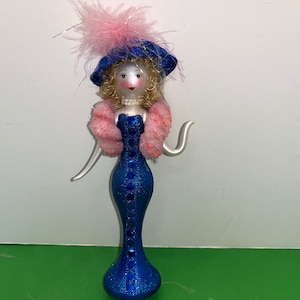 Vintage De Carlini Pink Feathers Ornament, De Carlini Blond Woman Ornament, De Carlini Royal Blue Lady, Elegant Lady Feathers Ornament