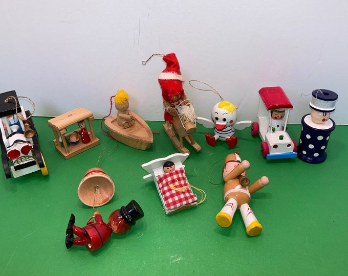 10 Piece Large Lot Christmas Ornaments, Wooden Christmas Toy Ornaments, Vintage 2 1/2 Wooden