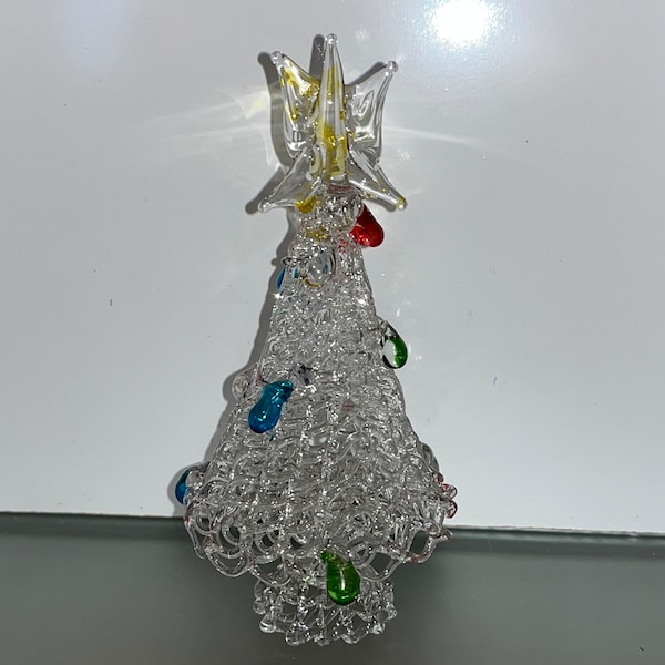 Spun Glass Tree with Ornaments, Art Glass Trees, Spun Glass Tree Figures, 5 1/2" Spun Glass Christmas Trees, Spun Tree with Colored Balls