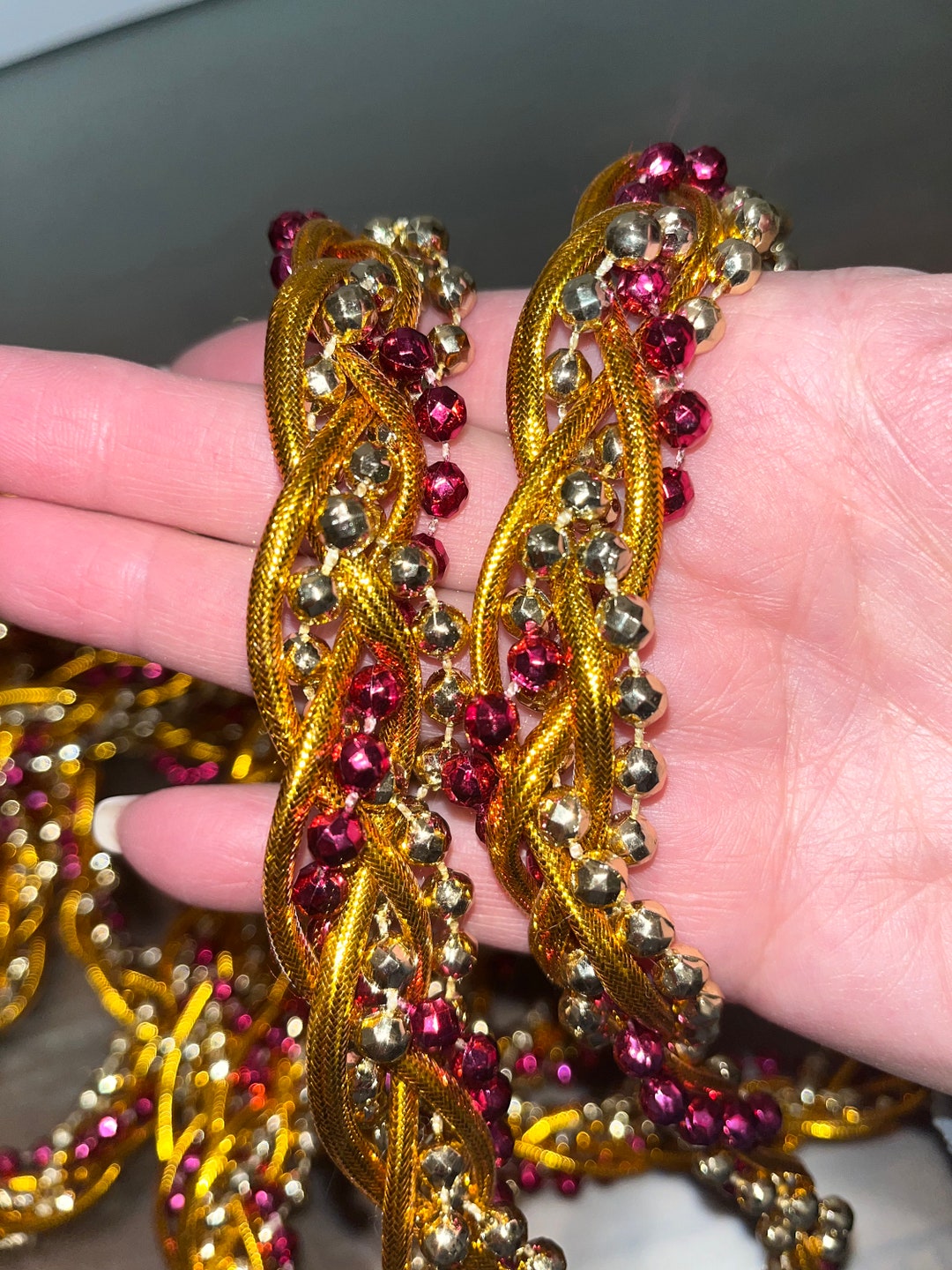 18' Braided Gold Bead Garland, Fuchsia Gold Silver Bead Garland, Gold