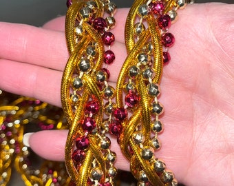 18' Braided Gold Bead Garland, Fuchsia Gold Silver Bead Garland, Gold Cord Garland, Gold Christmas Tree Garland, Faceted Bead Garland