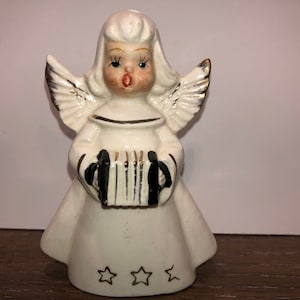 Vintage Japan Angel Playing Instrument Figurine, Mid Century Glamour Girl Angel Figure, Vintage Japan Angel, Musical Angel Figure Gold Organ