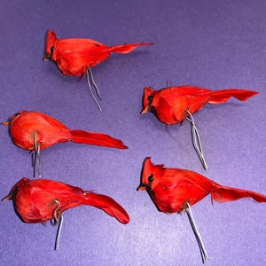 5 Vintage Spun Cotton Cardinal Bird Ornaments, Red Feather Branch Wrap Birds, Wire feet Branch Wrap Mini Bird Ornaments, Clip on Birds, Mint