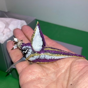 Neiman Marcus 2009 Hummingbird Ornament, Neiman Blown Glass 4&quot; Purple Bird Ornament, Hummingbird Ornament Glittered Purple, in Box