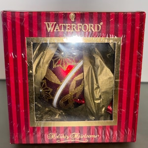 Waterford Heirlooms Poinsettia Ornament, Waterford 150830, Waterford 4&quot; Red Gold Glittered Ornament Ball, Sealed in Box