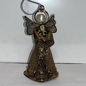 Vintage Draht Mesh Engel Ornament, Perlenkopf Engel Ornament, Mesh Engel mit Strass, Metallgerahmter Engel, rustikaler Metall Engel