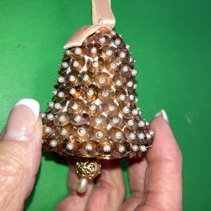 Vintage Handmade Beaded Sequin Bell Ornament, Champagne Sequin Beaded Bell Ornament, Vintage Handmade Copper Sequin Christmas Bell Ornament