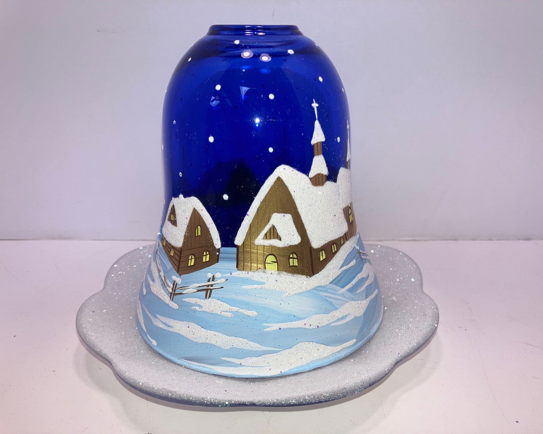 Christmas Hurricane Candle Light Cobalt Christmas Scene Etsy
