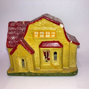Vintage Japan Putz House, Japan Plaster Train House, Vintage Putz Fire House made in Japan, Yellow Putz House, Putz Building Plaster