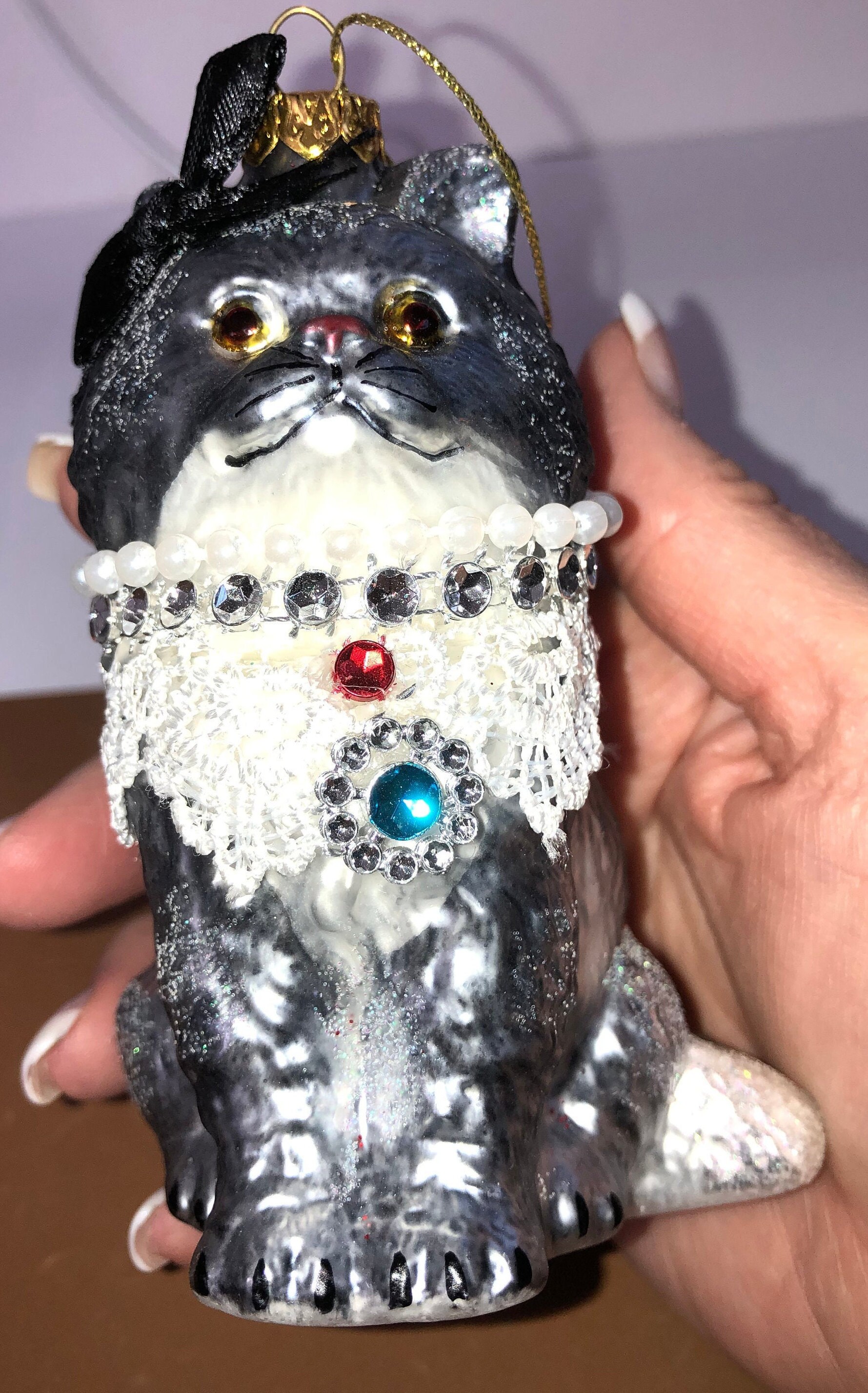 Silver Cat Ornament Blown Glass Cat Ornament Rhinestone Cat Etsy