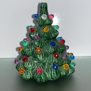 Vintage Mini Light Up Christmas Tree, 4&quot; Lighted Green Christmas Tree, 1985 Ceramic Lighted Christmas Tree Figure, Mint