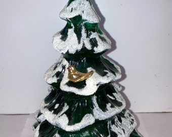 Fenton Green Frosted Christmas Tree, Fenton Green Tree With Bird