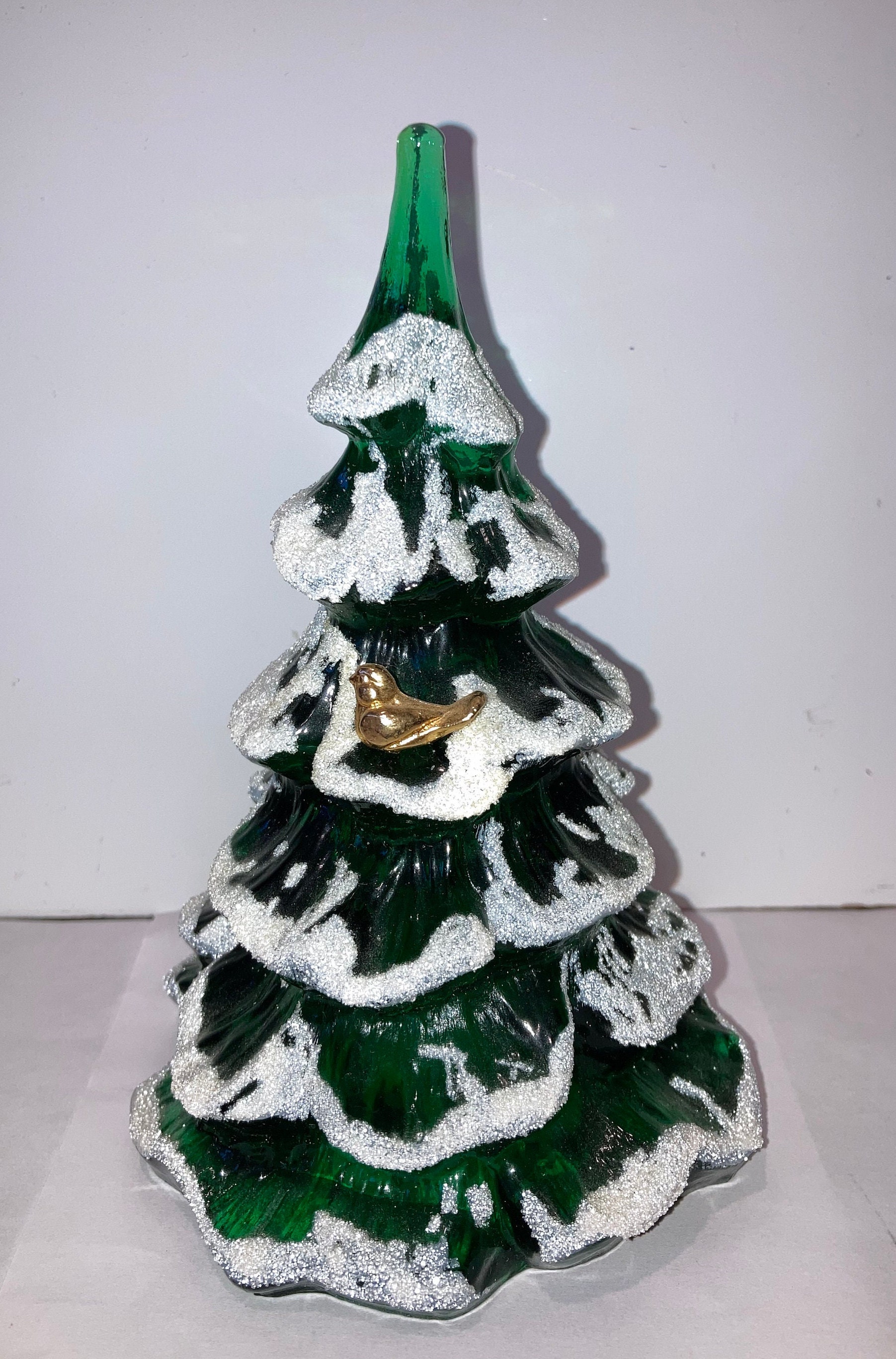 Fenton Green Frosted Christmas Tree, Fenton Green Tree With Bird