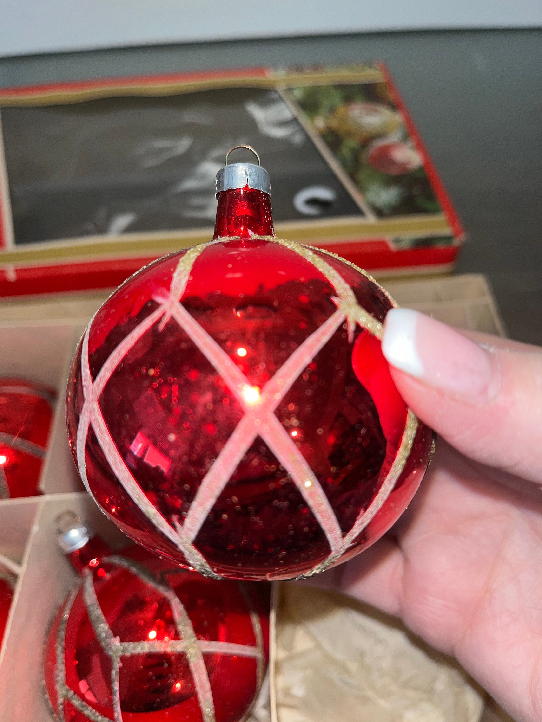 6 Jumbo German Ornaments, Large West German Red Ornaments, 2 3/4 ...