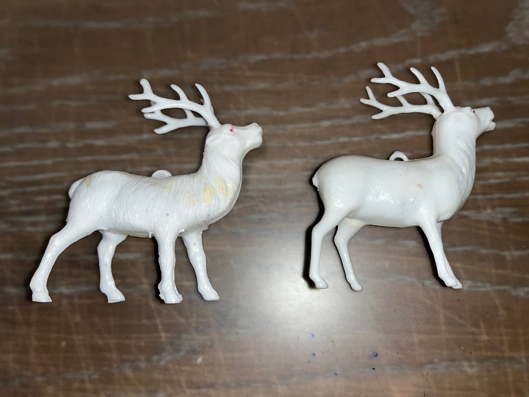 2 Vintage White Plastic Reindeer Ornaments, Early Plastic Reindeer