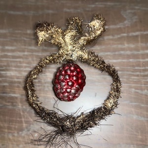 Antique German Tinsel Ornament, Burnished Wire Framed Tinsel Ornament, 5&quot; Tinsel Wrapped Pine Cone Ornament, Red Gold Tinsel Cameo Ornament
