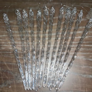 12 Art Glass Icicle Ornaments, Handcrafted Clear Glass Icicles, Christmas Spiral Icicle Ornaments, Blown Glass 6&quot; Ornaments, Set 12, in Box