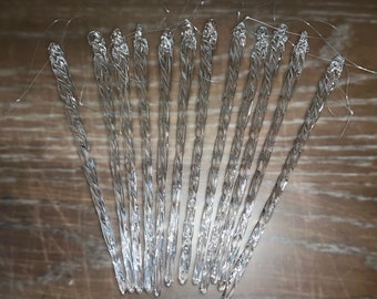 12 Art Glass Icicle Ornaments, Handcrafted Clear Glass Icicles, Christmas Spiral Icicle Ornaments, Blown Glass 6&quot; Ornaments, Set 12, in Box