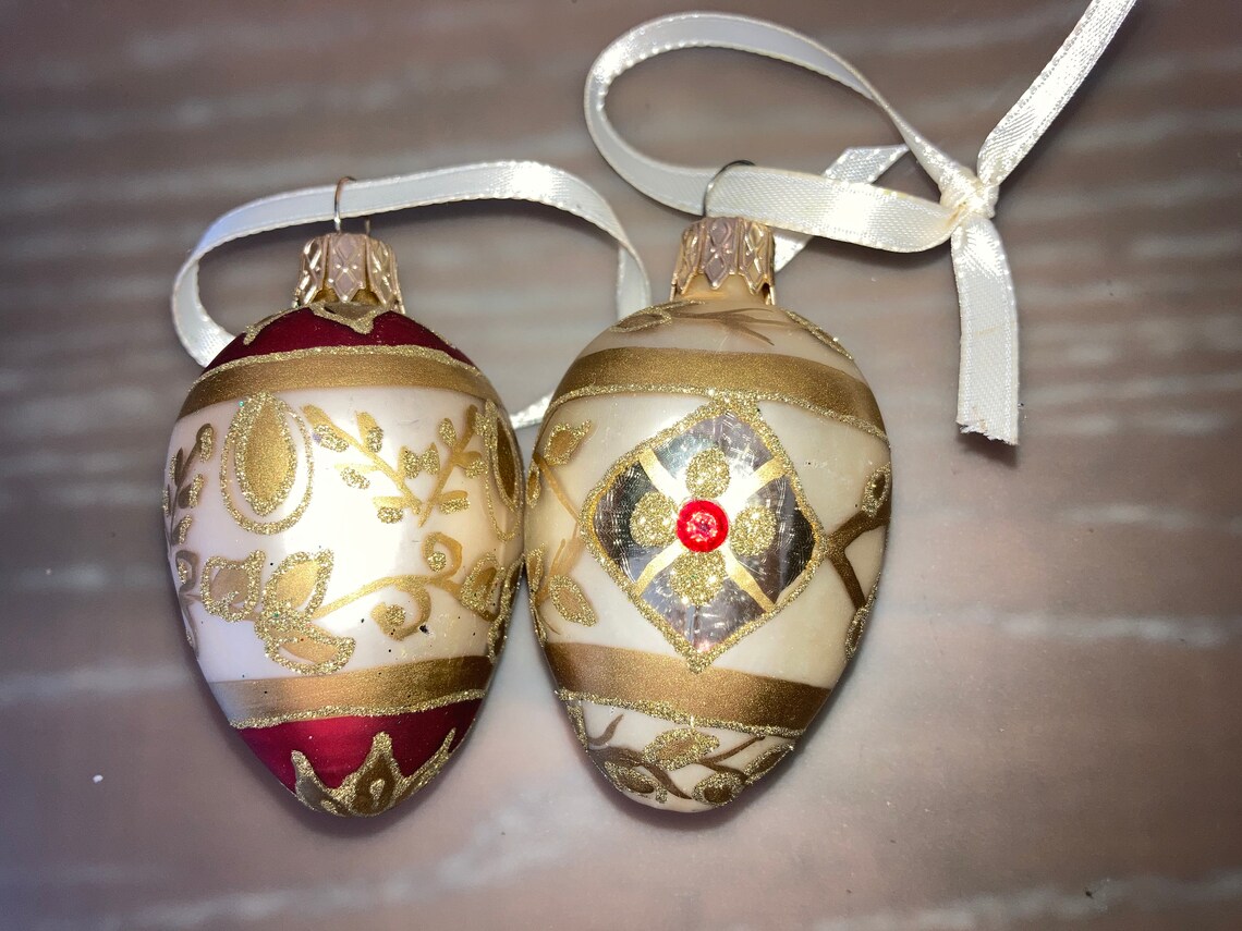 Pair of Gold Red Glass Ornaments Vintage Egg Shaped Etsy