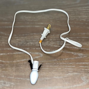May include: A white electrical cord with a standard plug on one end and a single white light bulb on the other end.