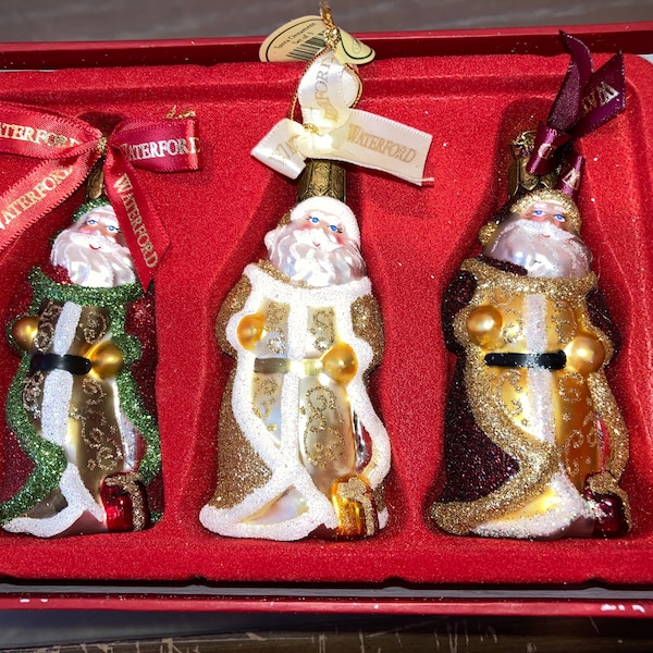 3 Vintage Waterford Heirlooms Christmas Ornament, Waterford Set of Santa Ornament, Irish Santa Waterford 144531 Ornament, New in Box