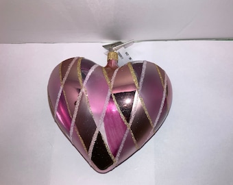 John Toole Heart Ornament, Glittered Harlequin Heart Ornament, Pink Glass Harlequin Ornament, John Toole Harlequin Ornament, Bloomingdales