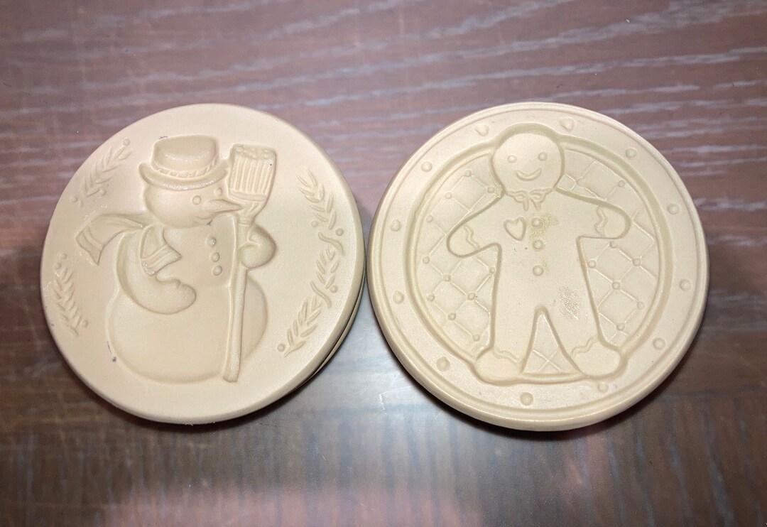 2 Vintage Christmas Cookie Stamps, Ceramic Handles Cookie Press