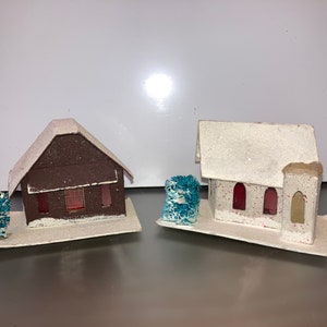 2 Vintage Putz Houses, Cardboard Mica Houses, Vintage Putz Houses made in Japan, Putz White Church, Putz Loofah Tree, Mica Glitter