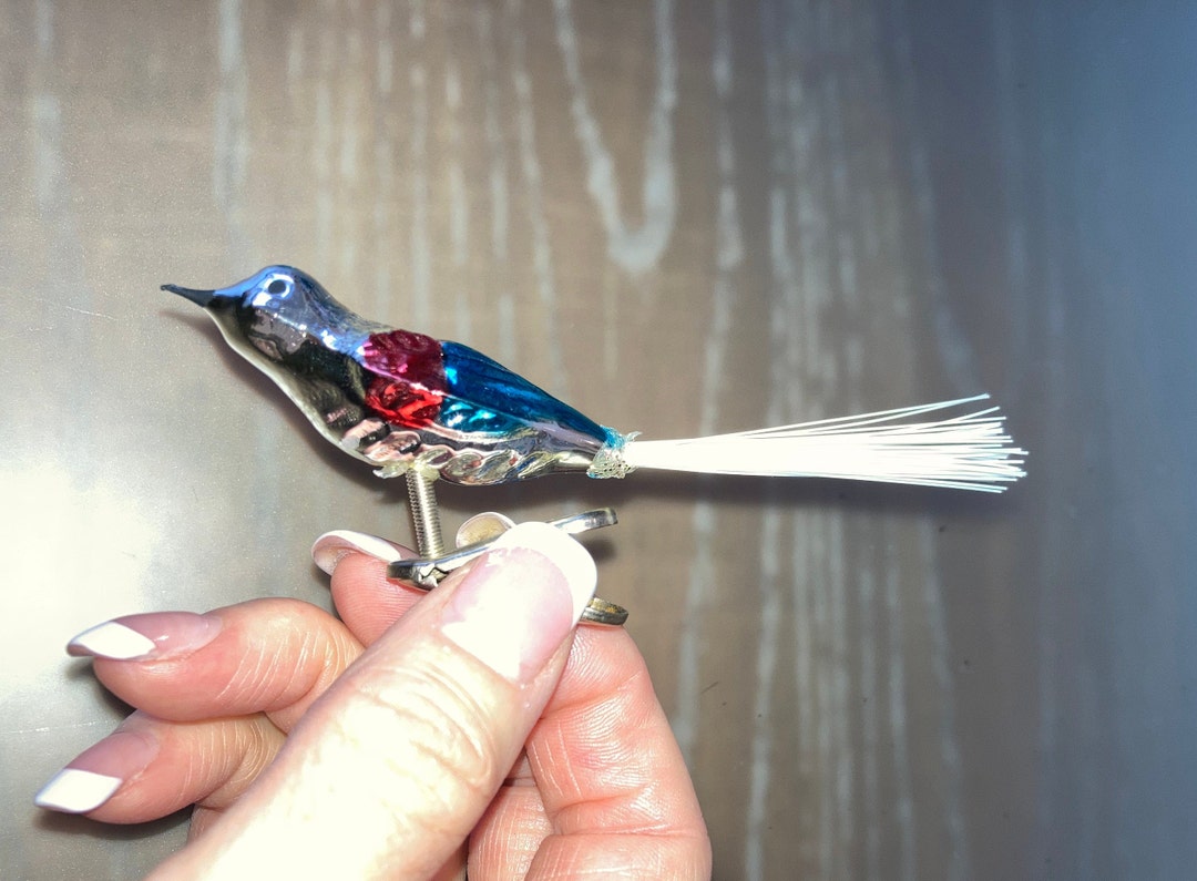 Vintage Clip on Bird Ornament, Blown Glass Bird Red Blue Ornament