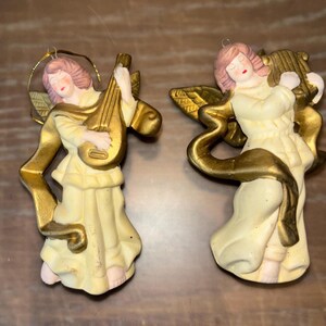 2 Vintage Porcelain Angel Ornaments, Bisque Porcelain Musical Angel Ornaments, 4&quot; Angel with Harp , Gold painted Angel Playing Lute Ornament