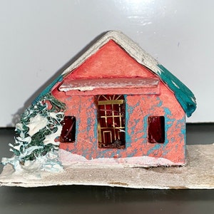 Vintage Putz House, Cardboard Mica House, Vintage Pink Putz House made in Japan, White Putz House Corrugated Roof, Putz Loofah Tree