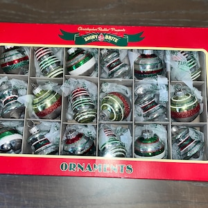 18 Radko Shiny Brite Ornamente, Christopher Radko UFO-Ornament, 1 1/2 &quot;glänzende Brite Rot Grün Silber Streifen, Radko Spring Ornament, ln Box