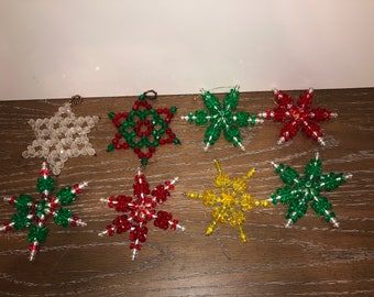 8 Vintage Handmade Beaded Stars Ornaments, Fancy Beaded Christmas Stars, Vintage Handmade Beaded Christmas Star Ornaments
