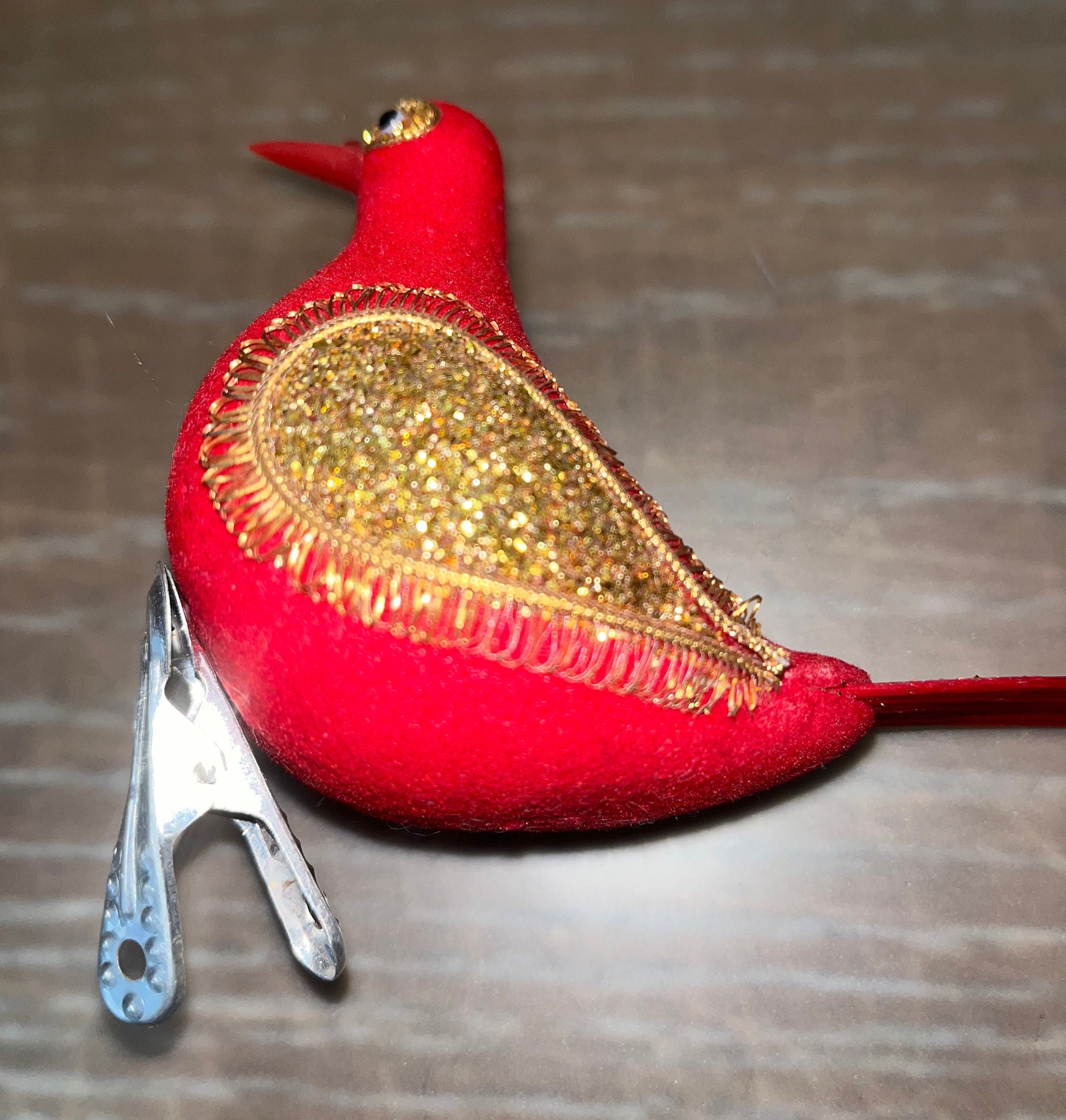 Vintage Japan Clip on Bird Ornament, Red Felt Clip on Bird