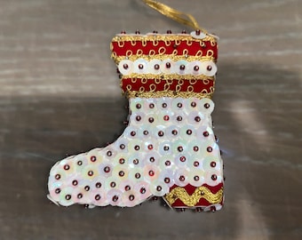 Vintage Sequin Santa Boot, Vintage Handmade Christmas Ornament, Iridescent Sequin Santa Boot Ornament, Vintage 3 1/4" Sequin Boot Ornament