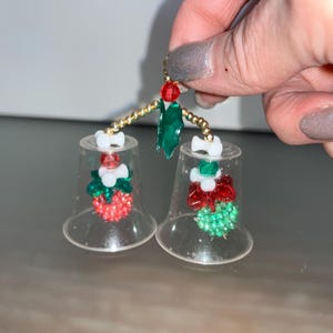 Vintage Handmade Fancy Bell Ornament, Beaded Bell Ornament, Red Green Beaded Bells, Beaded Bell Ornament with Berries