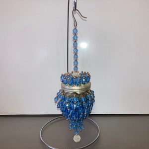 Vintage Handmade Bead Ornament, 9&quot; Large Blue Beaded Ornament, Vintage Blue Pin Handmade Christmas Ornament, Blue Dangle Beads Ornament