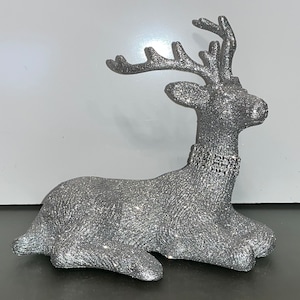 Silver Glittered Reindeer, Large Silver Reindeer Figure, Silver Glitter Resting Reindeer, 7&quot; Tall Silver Christmas Reindeer, Reindeer Decor