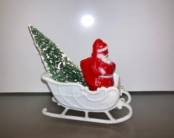 Antique Plastic Rosbro Santa Sleigh, Vintage Rigid Plastic Santa in Sleigh, Santa in Sleigh Tree,Plastic Santa with 4 1/2" Bottle Brush Tree