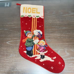Mid Century Needlepoint Christmas Stocking, Vintage Wool Needlepoint Santa Stocking, 17&quot; Christmas Stocking, Santa Toy Christmas  Stocking